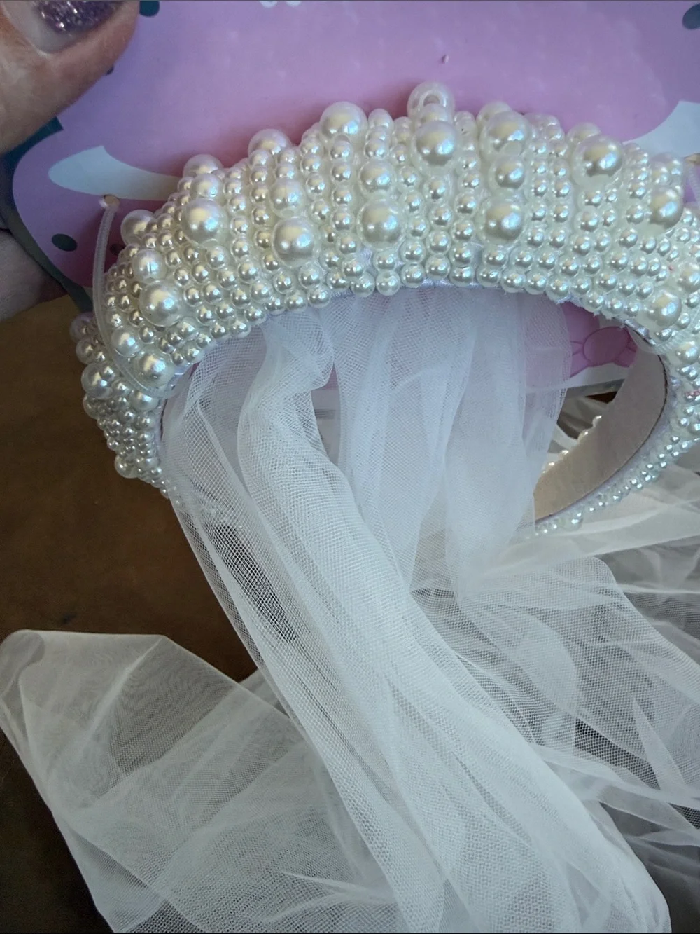 Pearl-Trim Bridal Headband with White Veil